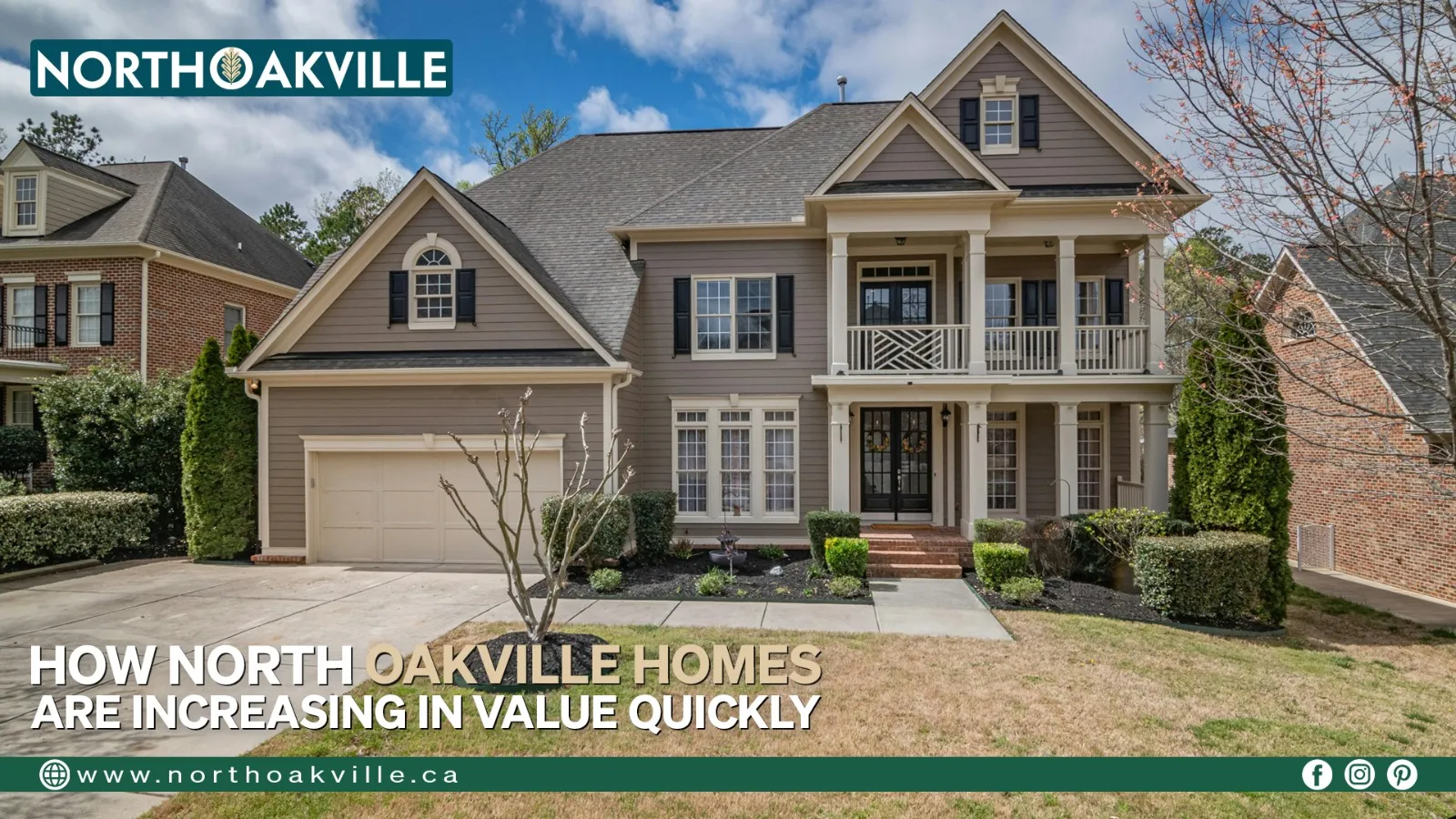 Beautiful detached home in a North Oakville neighbourhood with landscaped yard, representing the style of properties contributing to rising home values in the area.